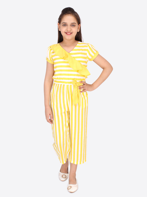 

CUTECUMBER Girls Yellow & White Striped Culotte Jumpsuit