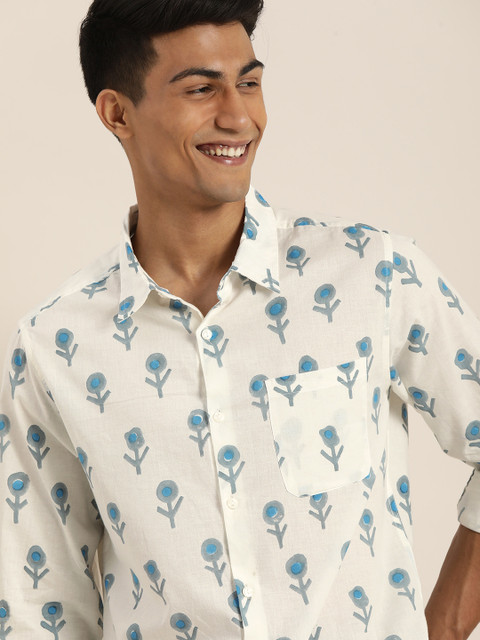 

Taavi Men White & Grey Block Print Legacy Casual Sustainable Shirt with Chest Pocket
