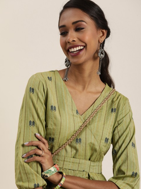 

Taavi Women Olive Green & Blue Printed Woven Legacy Wrap Top with Tie-Ups Detail