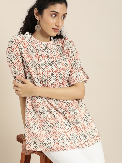 

Taavi Women White & Orange Hand Block Print Pure Cotton Sustainable Top