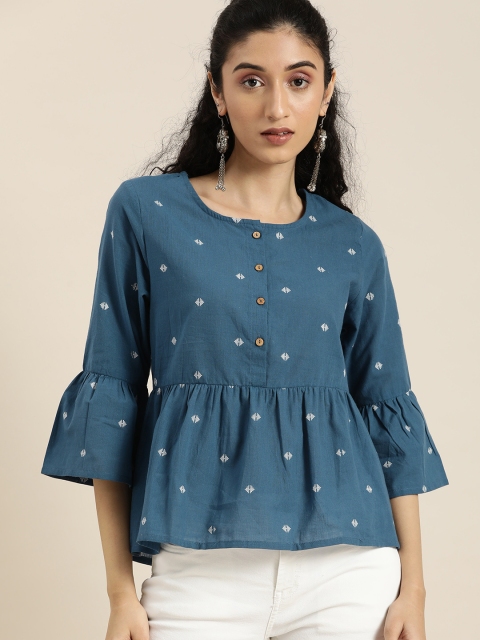 

Taavi Women Blue & White Self Design Woven Legacy Peplum Top