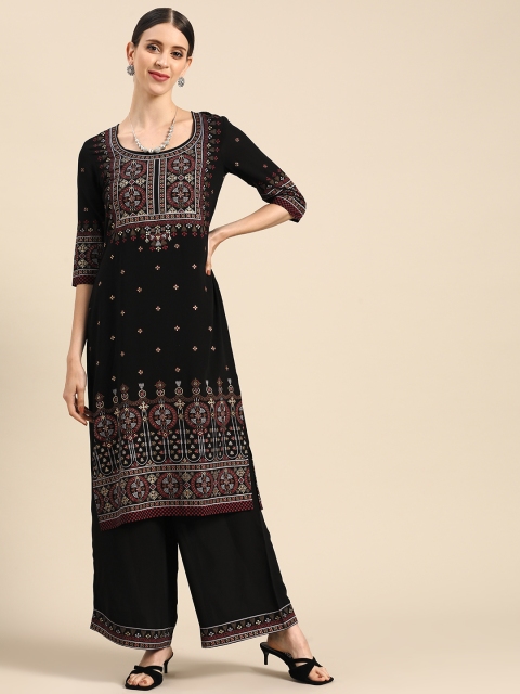 

Anouk Women Black & Golden Ethnic Motifs Printed Straight Kurta with Palazzos