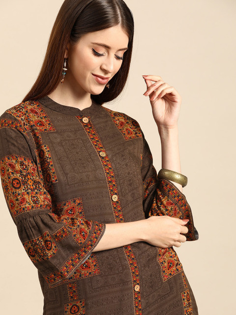 

Anouk Women Brown & Red Ethnic Motifs Printed Bell Sleeves Kurta