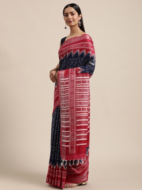 

swatika Navy Blue & Red Printed Zari Border Sambalpuri Saree