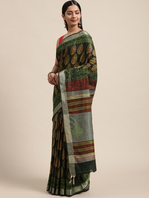 

swatika Bottle Green & Mustard Yellow Zari Border Linen Blend Block Print Saree