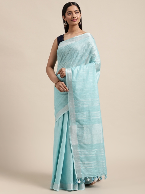 

swatika Blue Solid Zari Border Linen Blend Bhagalpuri Saree
