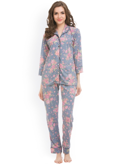 

Clovia Blue & Pink Floral Print Night Suit LS0025P03