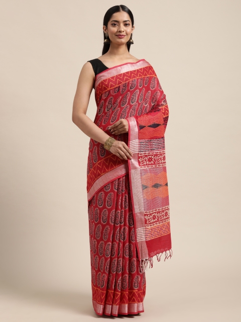 

swatika Red & Black Paisley Linen Blend Block Print Handloom Saree