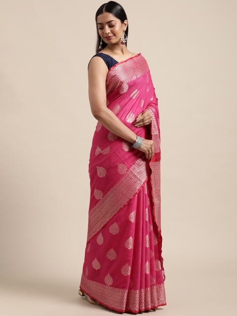 

swatika Pink & Gold-Toned Ethnic Motifs Zari Silk Cotton Banarasi Saree