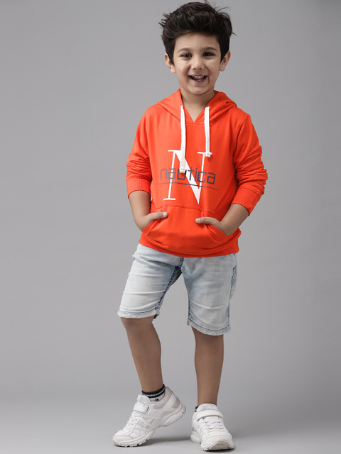 

Nautica Boys Orange & White Pure Cotton Brand Logo Print Hooded Sweatshirt