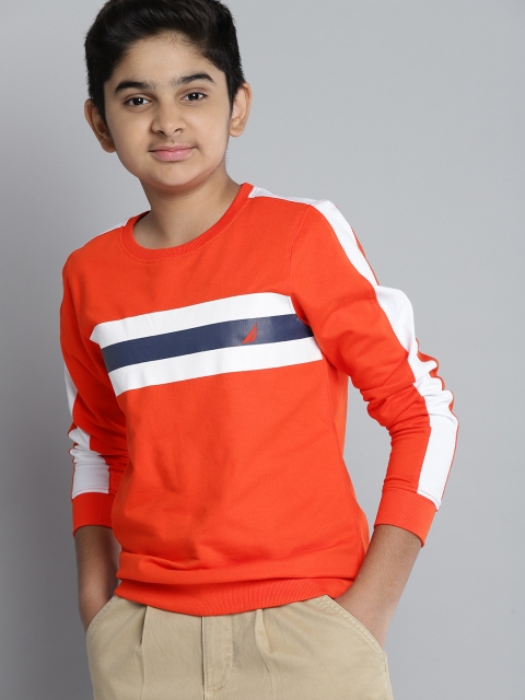 

Nautica Boys Orange & White Pure Cotton Striped Sweatshirt