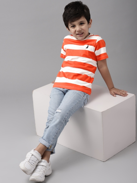 

Nautica Boys Orange & White Pure Cotton Striped T-shirt
