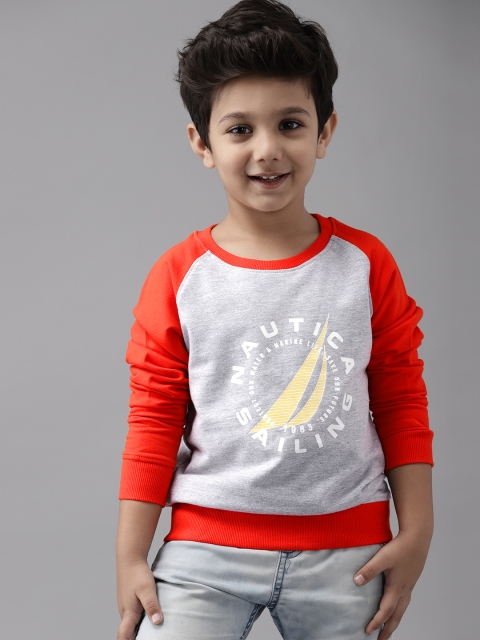

Nautica Boys Grey Melange & Orange Brand Logo Printed Sweatshirt