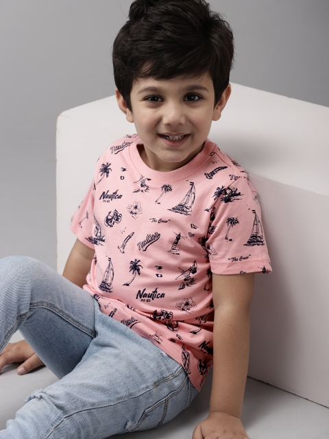 

Nautica Boys Pink & Navy Blue Printed Cotton T-shirt