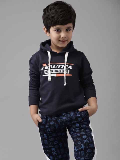 

Nautica Boys Navy & White Pure Cotton Brand Logo Print Hooded Sweatshirt, Navy blue