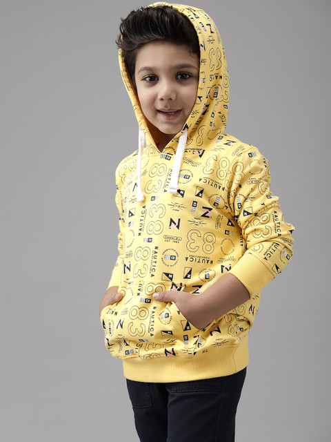 

Nautica Boys Yellow & Black Cotton Brand Logo Print Hooded Sweatshirt