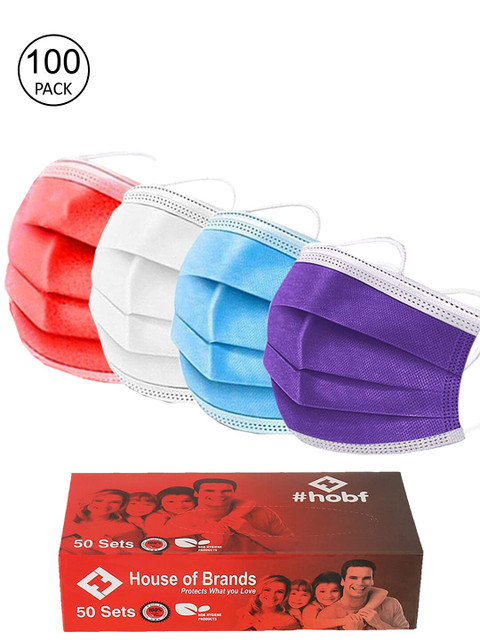 

Swiss Design Multicoloured Pack of 100 3-Ply Face Masks with Nose Pins, Multi