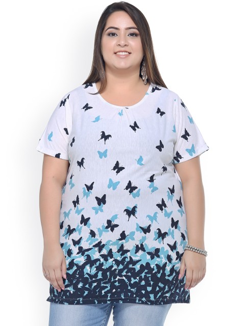 

plusS Women White & Blue Butterfly Printed T-shirt