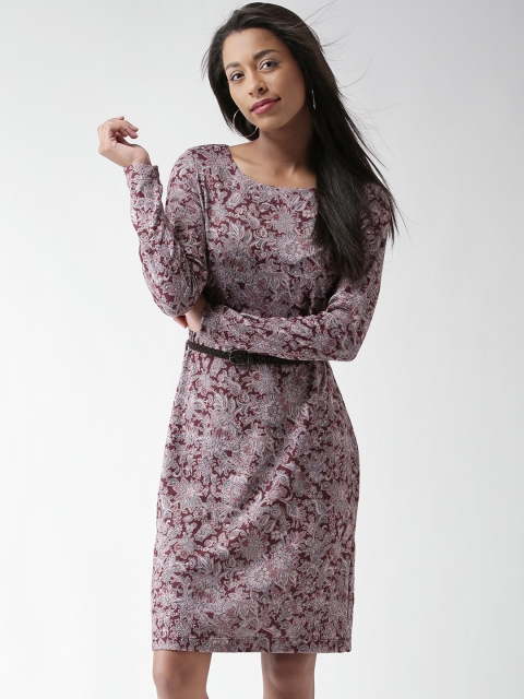 

SELA Wine-Coloured & Grey Printed Belted Dress, Burgundy