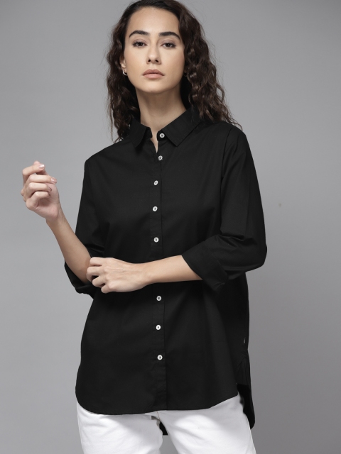 

Roadster Women Black Pure Cotton High-Low Solid Casual Shirt