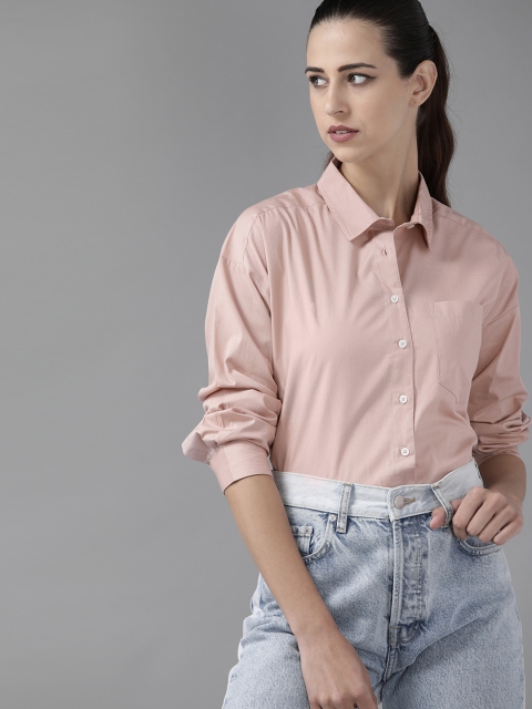 

Roadster Women Dusty Pink Pure Cotton Solid Longline Shirt