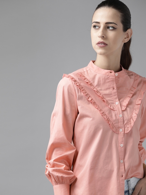 

Roadster Women Dusty Pink Pure Cotton Solid Ruffled Casual Shirt