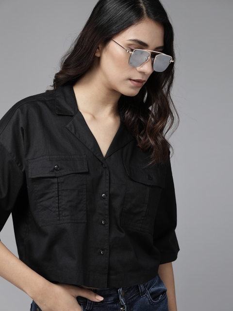 

Roadster Women Black Cotton Boxy Opaque Casual Crop Shirt