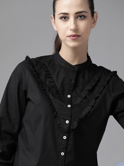 

Roadster Women Black Pure Cotton Solid Ruffled Casual Shirt