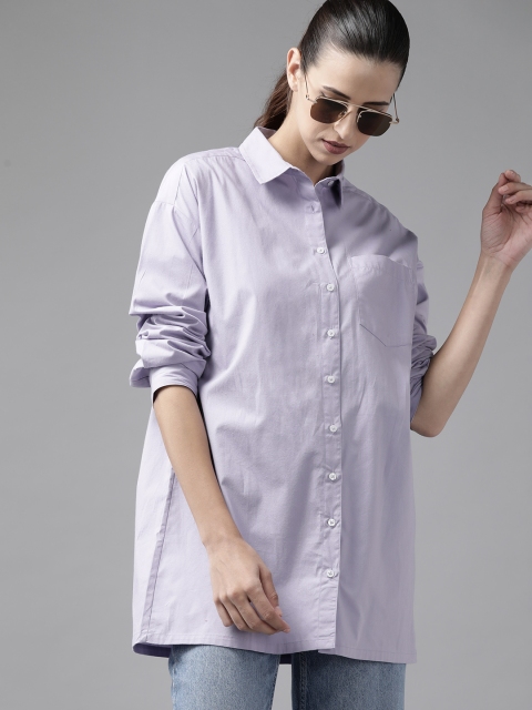 

Roadster Women Lavender Pure Cotton Solid Longline Shirt