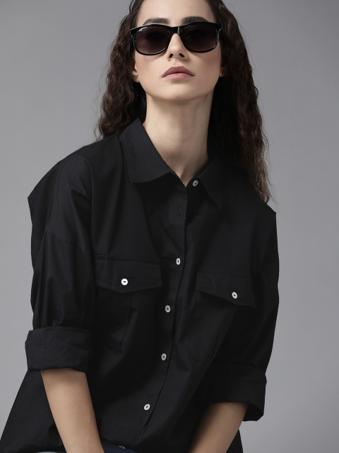 

Roadster Women Black Pure Cotton Solid High-Low Longline Shirt