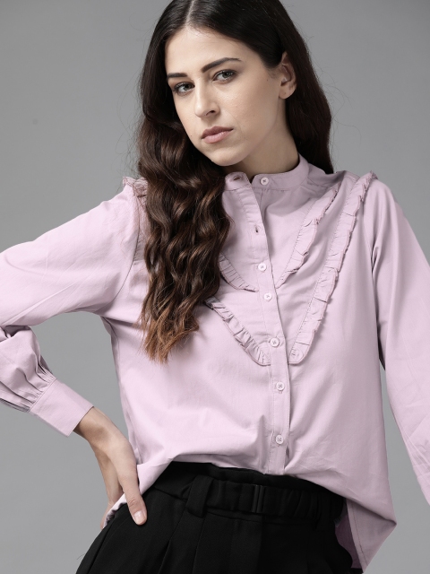 

Roadster Women Lavender Pure Cotton Solid Ruffled Casual Shirt