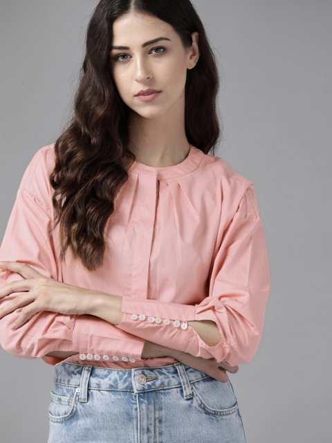 

Roadster Women Pink Pure Cotton Solid Casual Shirt