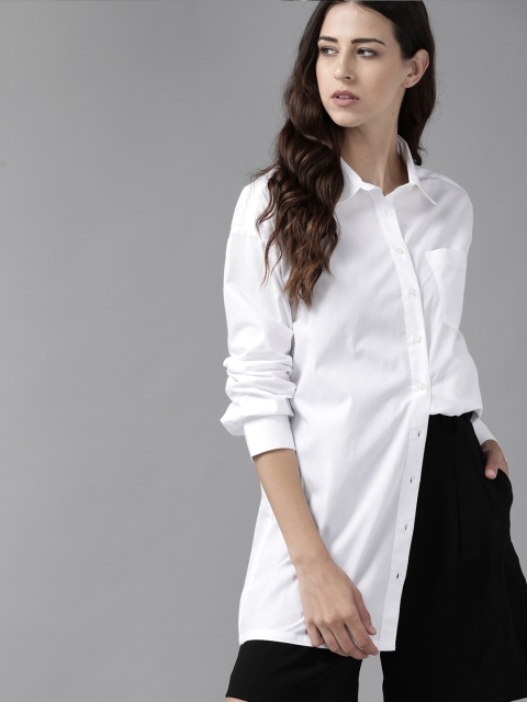 

Roadster Women White Pure Cotton Solid Longline Casual Shirt