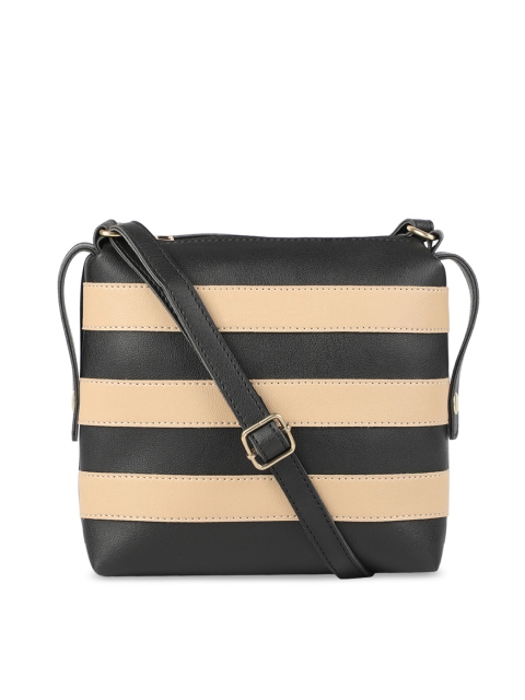 

SASSAFRAS Black & Beige Striped PU Structured Sling Bag