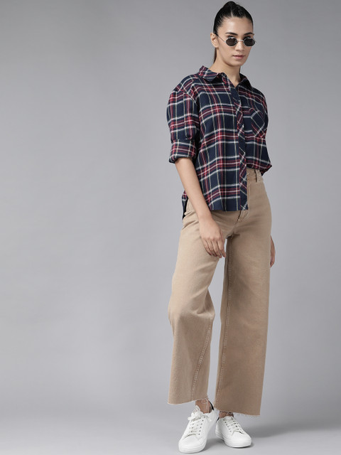 

Roadster Women Navy Blue & Magenta Pure Cotton Tartan Checks Checked Casual Shirt