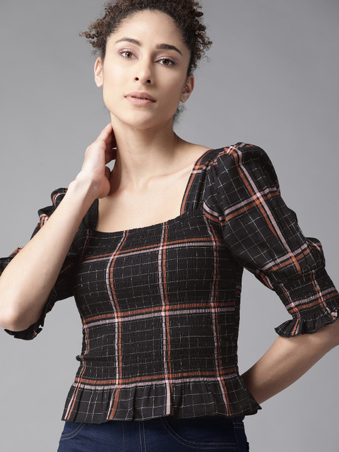 

Roadster Black & Rust Brown Pure Cotton Checked Smocked Fitted Top