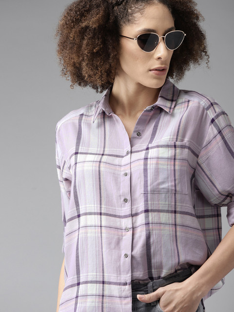 

Roadster Women Lavender Checked Casual Shirt