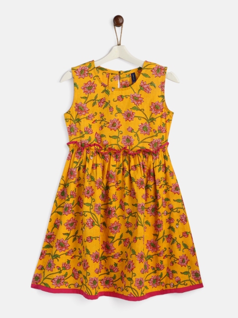 

YK Girls Mustard Yellow & Pink Floral Printed Cotton Fit & Flare Dress