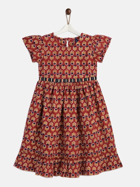 

YK Girls Maroon & Navy Blue Ethnic Motifs Printed Cotton Fit & Flare Dress