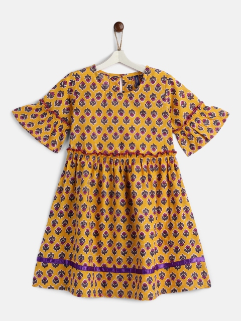 

YK Girls Yellow & Purple Ethnic Motifs Printed Cotton Fit & Flare Dress