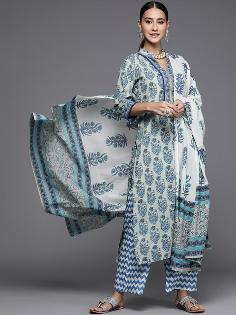 

Libas Women Green & Blue Printed Pure Cotton Kurta with Palazzos & Dupatta, Off white