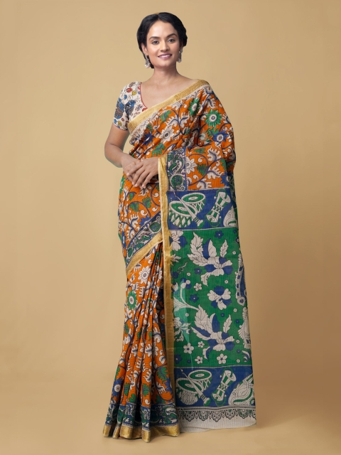 

Unnati Silks Beige & Orange Kalamkari Zari Pure Cotton Kanjeevaram Saree