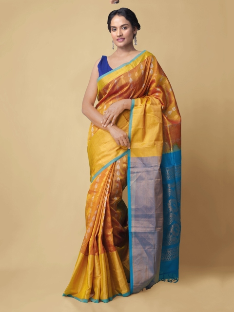 

Unnati Silks Yellow & Silver-Toned Woven Design Zari Silk Cotton Kanjeevaram Saree
