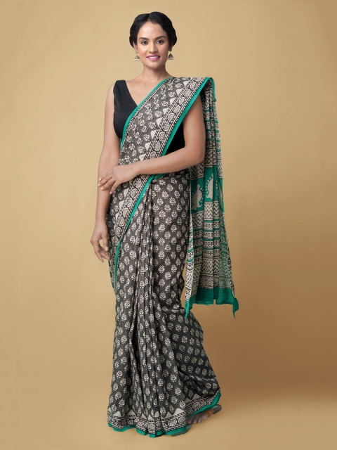 

Unnati Silks Women Grey & Green Pure Bagru Printed Kota Cotton Sustainable Saree