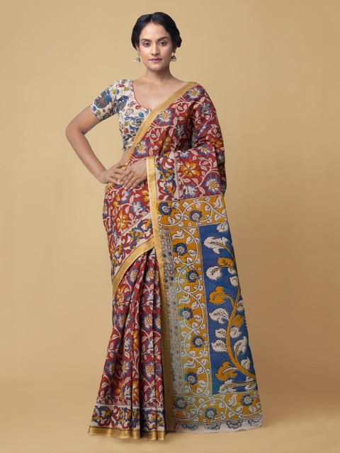 

Unnati Silks Red & Cream-Coloured Kalamkari Zari Pure Cotton Kanjeevaram Handloom Saree