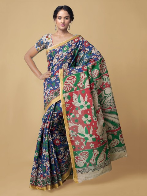 

Unnati Silks Navy Blue & Green Kalamkari Pure Cotton Kanjeevaram Handloom Saree