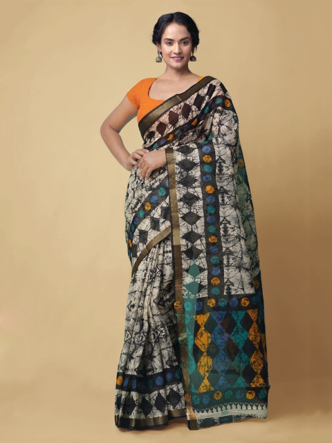 

Unnati Silks Grey & Blue Pure Cotton Block Print Handloom Saree