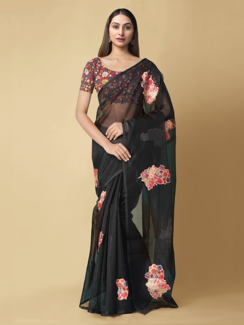 

Unnati Silks Black & Blue Kalamkari Patchwork Silk Cotton Handloom Chanderi Saree
