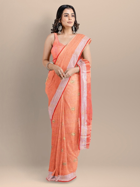 

BharatSthali Peach & White Striped Pure Linen Mangalagiri Handloom Saree
