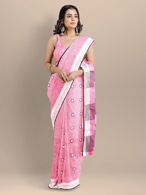 

BharatSthali Pink & White Woven Design Pure Linen Jamdani Handloom Saree